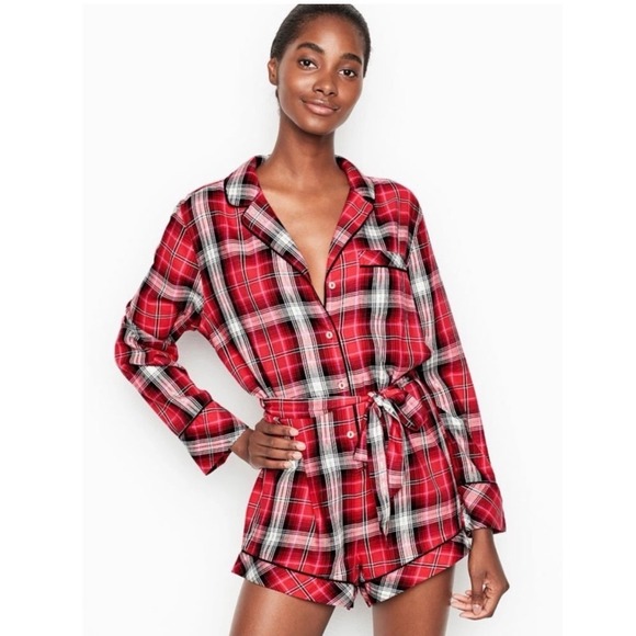 Victoria's Secret Other - VICTORIA'S SECRET size L Red Pink & Plaid Flannel Romper 1 Pc belted Pajamas